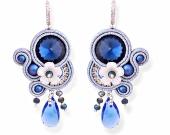 Soutache Earrings, Blue and Silver Women Drop Earrings