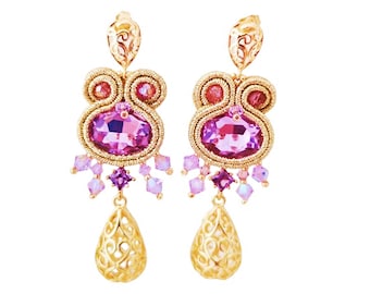 Soutache Earrings with Crystals, Lilac and Gold Drop Earrings, Gold Drop Drop Earrings