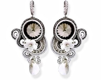 Soutache earrings, Earrings with hanging crystal drops, Women's earrings in gray and silver