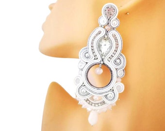 Long soutache earrings, white and silver earrings with dangling drops, elegant bridal earrings
