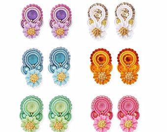 Soutache earrings, small lobe earrings with colorful flowers, summer earrings