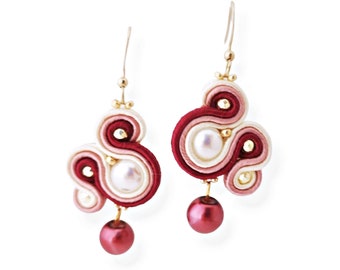 Soutache earrings, dangling pearl earrings, colorful women's earrings