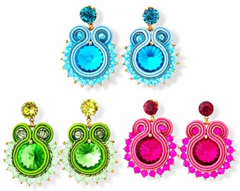 Soutache earrings, Round dangling earrings, Earrings with crystals and beads