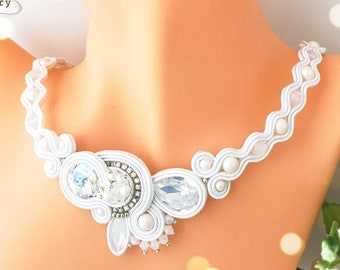 Soutache necklace, Bridal necklace with Pearls