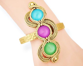 Colored Soutache Bracelet, Gold Steel Rigid Bracelet, Pastel Colors and Gold Bracelet