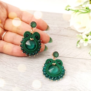 Emerald earrings, soutache earrings for her