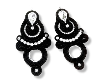 Soutache Earrings, Long black and silver earrings,