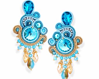 Soutache pendant earrings, Aquamarine and gold earrings, earrings with pendant drops