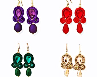Soutache drop earrings, earrings with crystals and drops, small earrings for women