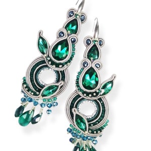 Long soutache earrings, Emerald Green Earrings