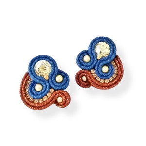 Soutache Small Earrings ,Earrings blue jeans Terracotta and gold