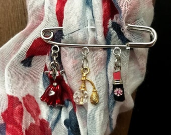 Safety Pin Brooch with Make-up Charms