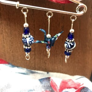 Safety Pin Brooch with Japanese Chiyogami  Crane