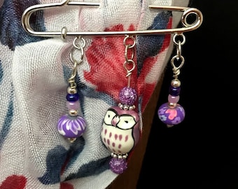 Safety Pin Brooch with Owl Charms