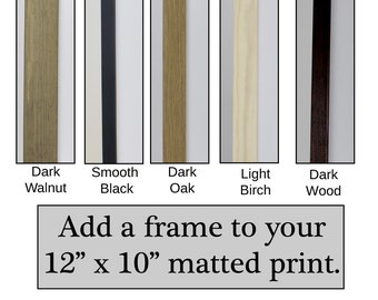 Add a frame to a 12 "x 10" print, large wooden frame with mat, framed antique print, dark wood frame, dark walnut stain picture framing mats