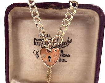 Solid Gold Charm Bracelet with Heart Padlock, 9k Double Curb Chain 4.5mm 6g