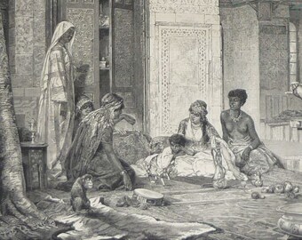 1880s Antique Islamic Egyptian Print of a Harem During the Caliphate Beautiful Victorian artwork - Middle East, social history art of Egypt