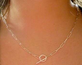 Paperclip Necklace, Sterling Silver T Bar Chain