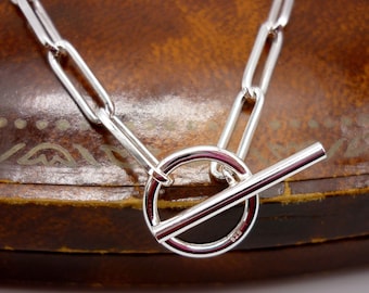 Silver T Bar Chain, 18" 925 Sterling Paperclip Charm Necklace with Toggle Clasp