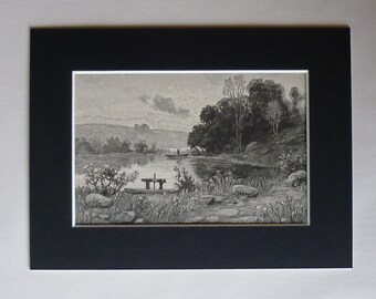 Antique Nature Painting Print 'Apple Tree Corner', Picturesque Countryside Art showing a Rowing Boat on a Lake