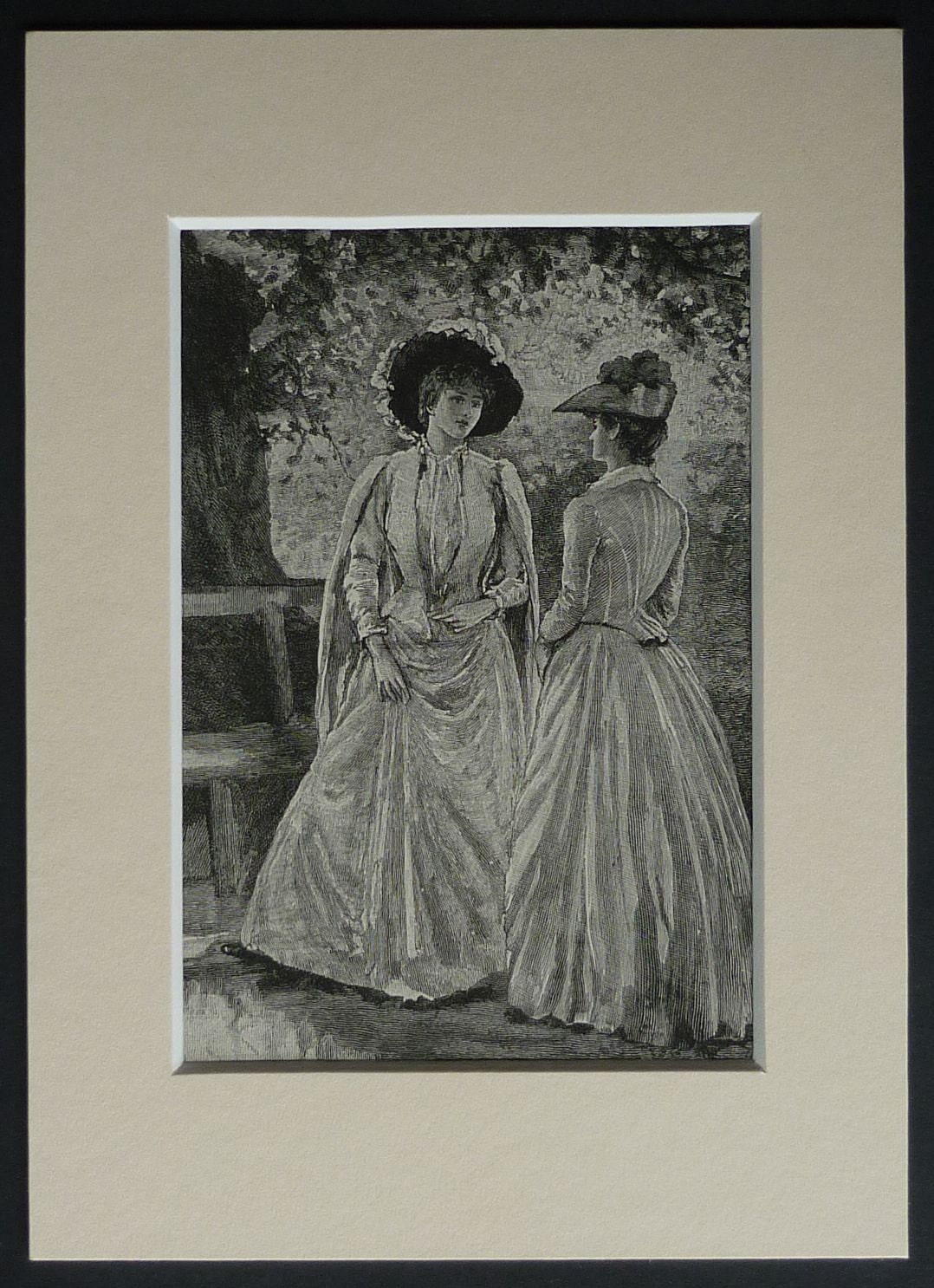 Image of 1890S Antique Print Of Beautiful Victorian Women - Charming 19Th Century Social History Art, Black & White Wood Engraving Spring Decor