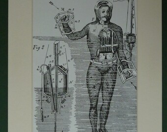 Vintage Print Of A Victorian Floatation Suit - Diving - Swimming - Shipwreck - Black & White Engraving - Victorian Invention - Eureka - Odd