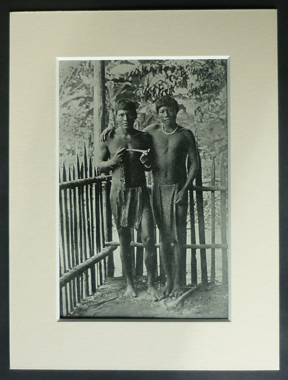 Image of 1914 Antique South Americian Print Of A Pair Kalina Tribesmen Carib Indian Decor, Black & White Cannibalism Art - Tribal Cannibal Decor