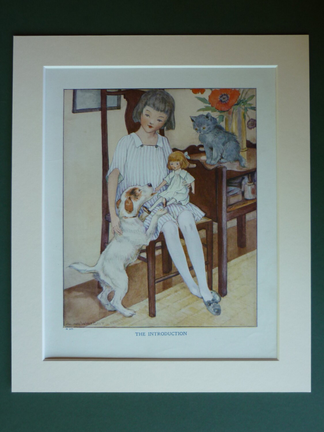 Image of 1920S Vintage Print Of A Young Girl With Her Dolly & Pets - Jack Russell Terrier Dog Cat Doll Introduction Art Deco Retro