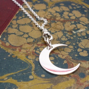 Crescent Moon Necklace, Sterling Silver Long Chain with Pendant, 30 Inch Belcher Chain with Charm Holder, Antique Style Albert Clasp Fob