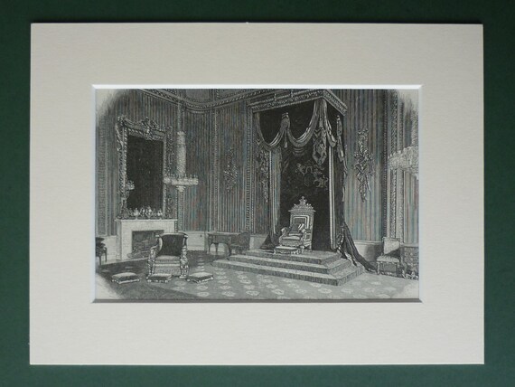 Antique 1886 Buckingham Palace Throne Room Print Ostentatious Queen Victoria Victorian Royal Family Royalty Engraving Spendou
