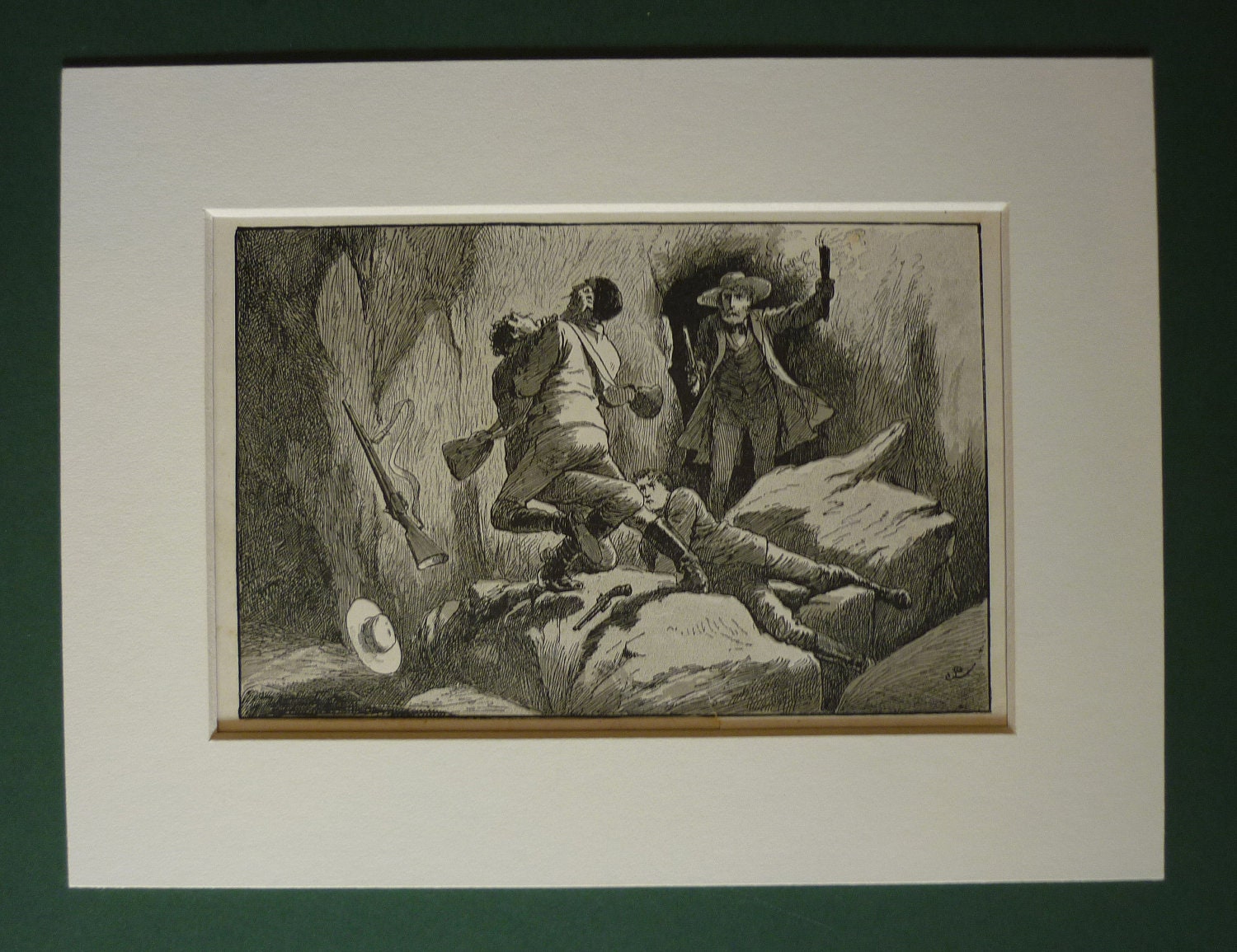 Image of 1884 Print From The Golden Magnet - Fight Cave Torch Rifle Mounted Matted Black & White Explorers Gun