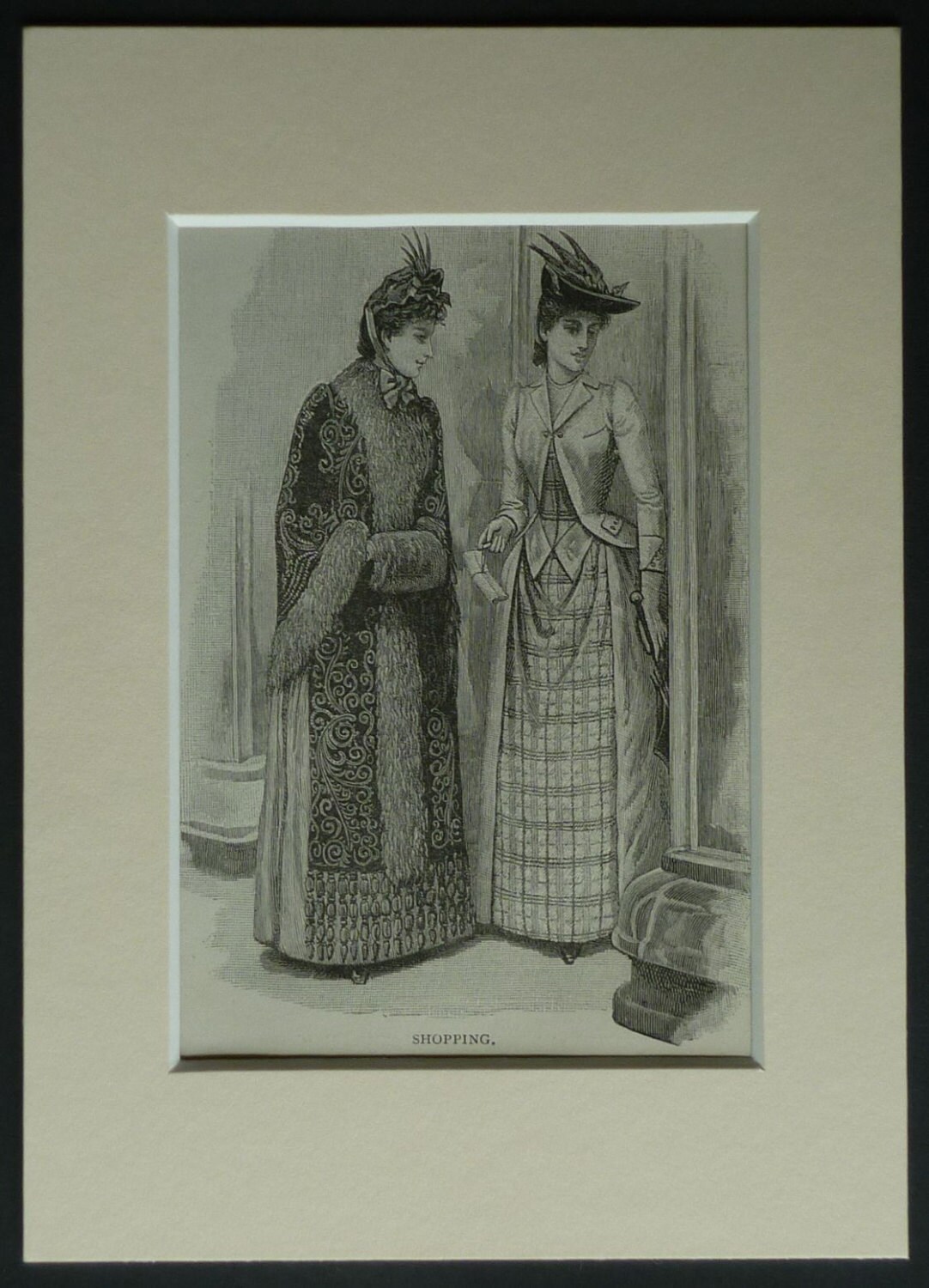 Image of 1890S Antique Print Of Victorian Women Shoppers - 19Th Century Shopping Decor, Black & White Shop Art Available Framed Art