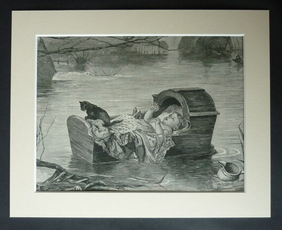 1880s Antique John Everett Millais Print of a Flood Victorian