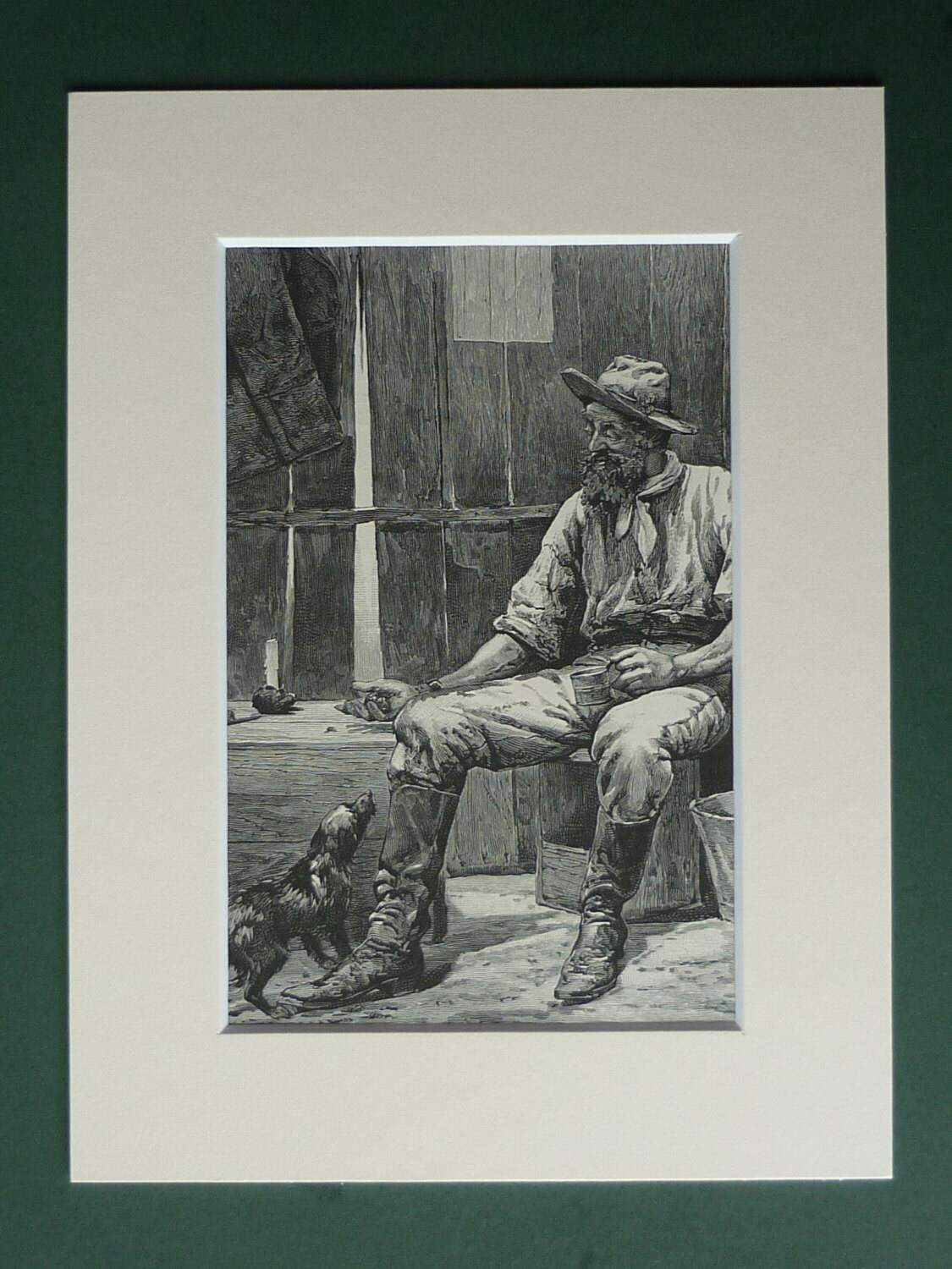 Image of 1886 Gr Ashton Antique Print - Victorian Australian Puppy Dog Bush Art Sharing Food Vintage Picture