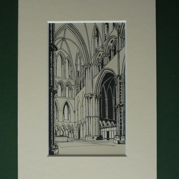 Original 1951 Print Of Lincoln Cathedral - British Architecture - English City - Interior Arch - Black - Mounted - Picture - Matted