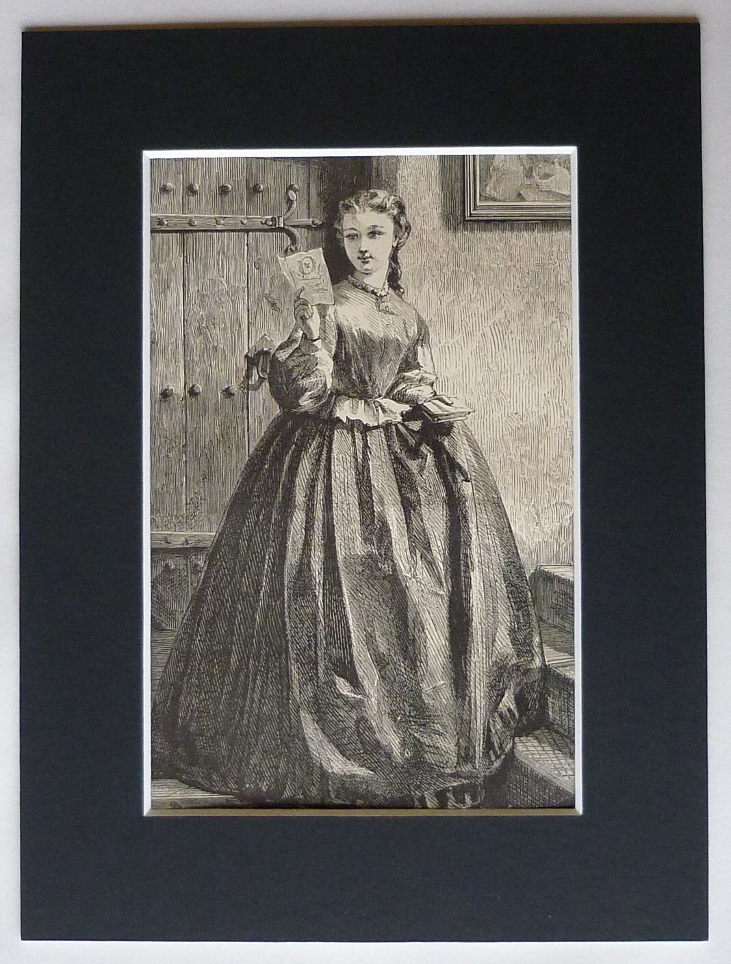 Image of 1860S Antique Print Of A Pretty Young Woman Receiving Valentine's Day Card Beautiful Victorian Engraving, Old Portrait Pretty Girl
