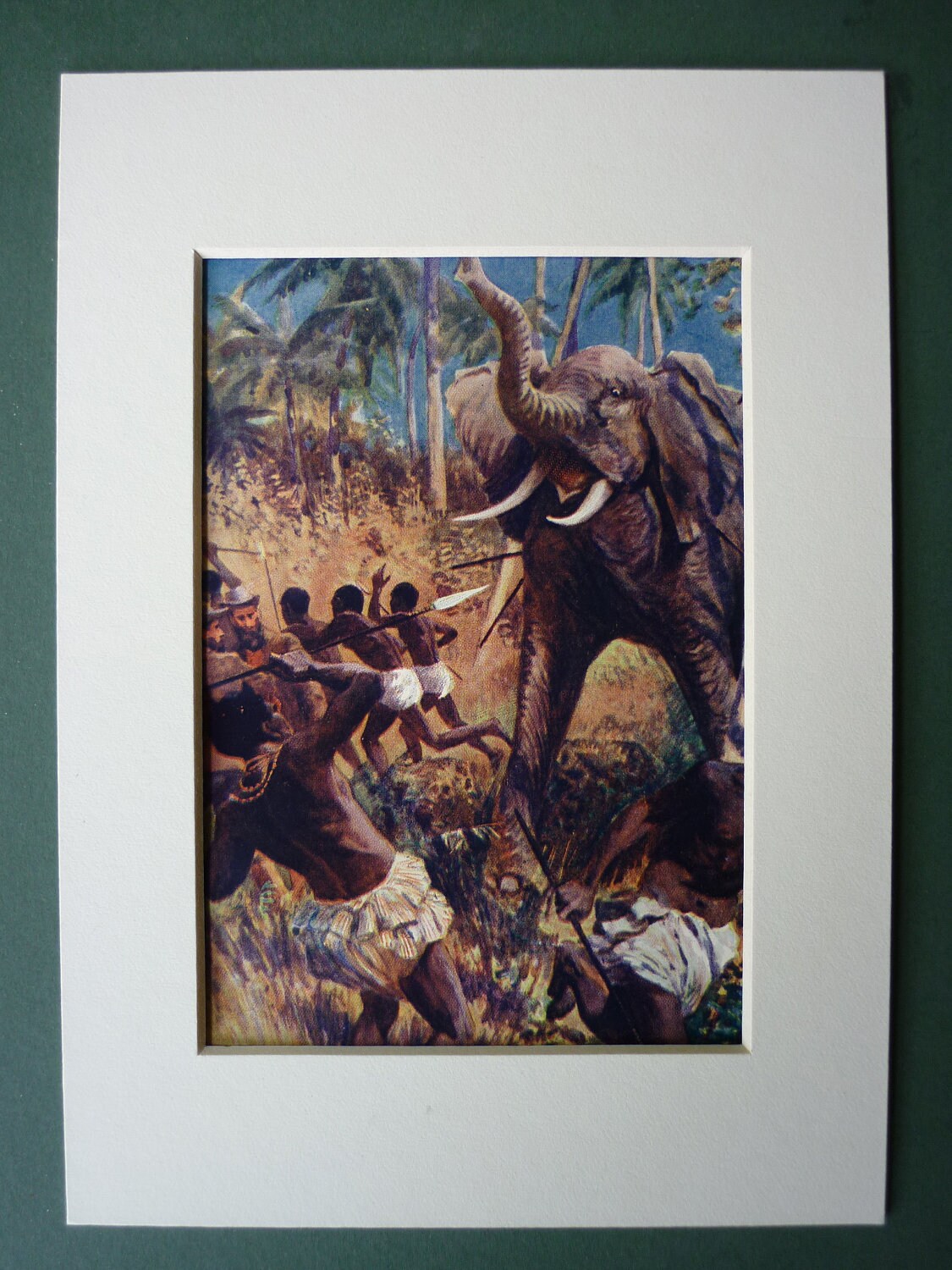Image of 1900S Vintage Gorilla Hunters Print , Matted To Fit 7" X 5" Frame - Elephant Hunting Tribesmen African Jungle