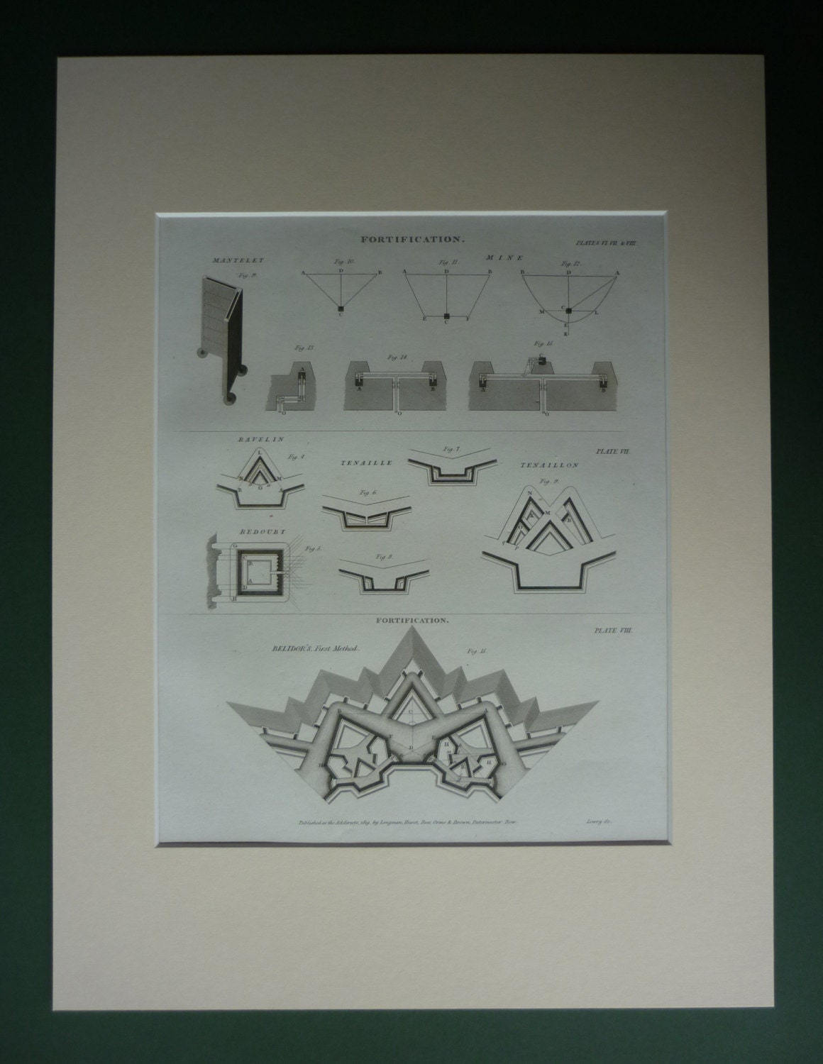 Image of 1819 Antique Military Print Of Fortifications - Wall Art Available Framed Techincal Diagram Mathematics Gift