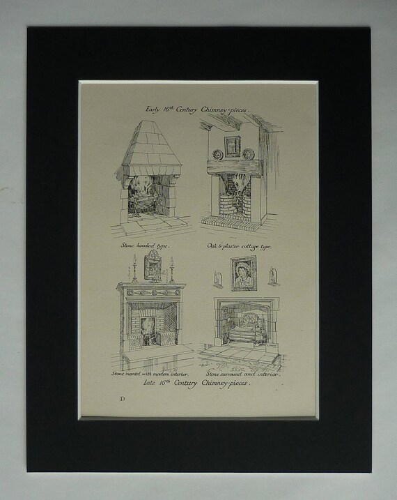 1920s Antique Interior Design Print 16th Century Fireplace Available Framed Architect Art Architecture Gift Tudor Home Decor Picture