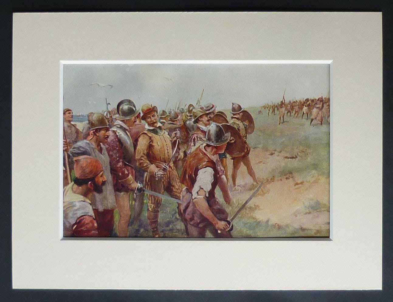 Image of 1914 Antique Historical Print Of Sir Francis Drake & Men Being Attacked By Natives Exploration Decor, Battle History Art