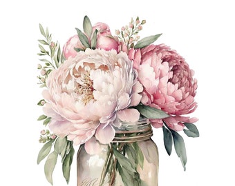 Watercolor Pink Peony bouquet, Spring Flower Digital Art Print / Instant Download Printable Art Commercial Use