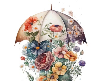 Watercolor Floral Umbrella Digital Art Print / Instant Download Printable ArtCommercial Use