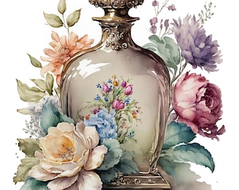 Watercolor Floral Vintage Perfume Bottle Digital Art Print / Instant Download Printable ArtCommercial Use