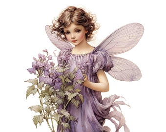 May include: A fairy with delicate wings and a purple dress holds a bouquet of purple flowers. The fairy has brown hair and blue eyes.