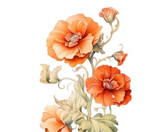 Watercolor Art Nouveau style Poppies, Botanical print, Spring Flower Digital Art Print / Instant Download Printable Art Commercial Use