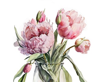 Aquarell rosa Tulpenstrauß, Frühlingsblumen Kunstdruck (Digital Download)