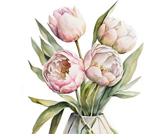 Watercolor Blush Pink Tulips Bouquet, Spring Floral Art Print (Digital Download)