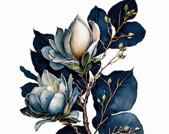 Watercolor Navy Magnolia Digital Art Print / Instant Download Printable ArtCommercial Use