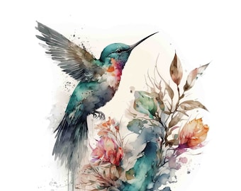 Watercolor Humming Bird with Flowers, Digital Art Print / Instant Download Printable ArtCommercial Use