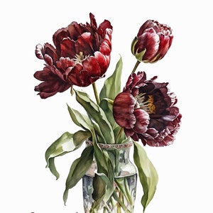 Dark Red Tulip Watercolor Art Print, Spring Bouquet (Digital Download)